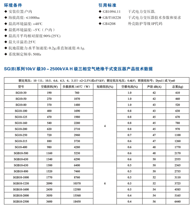 SGB10系列H級空氣絕緣干式變壓器選型